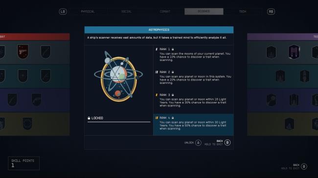 Starfield's skill tree menu for the Astrophysicist skill.